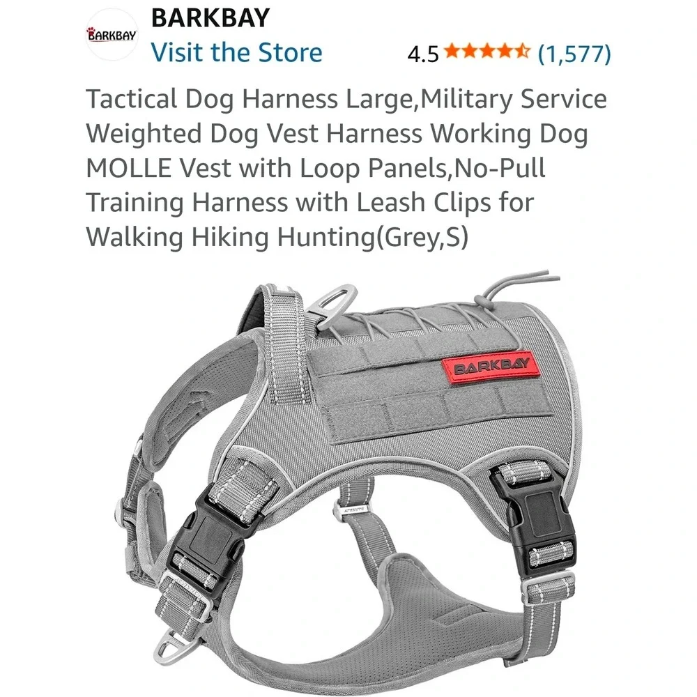 Barkbay Tactical Dog Harness Grey Small Military Service Weighted MOLLE Vest
